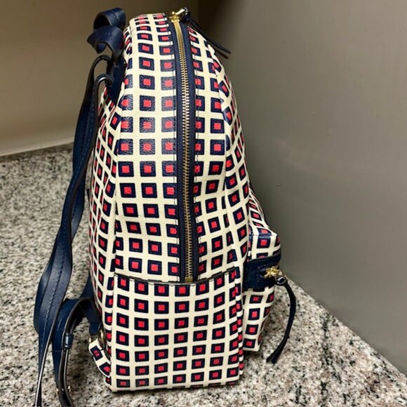 Tory Burch Kerrington Milano Square Backpack Geo Print Navy Red | EUC - Picture 9 of 9